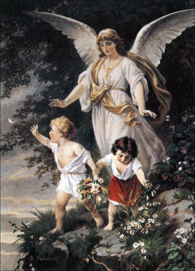 A guardian angel watching over two children on a path.