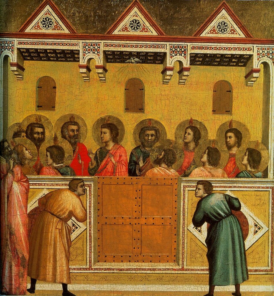 Giotto Pentecost with tongues of fire on the apostles.