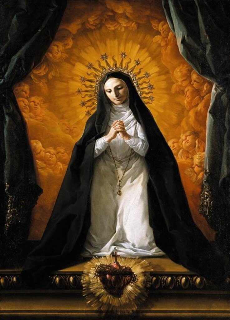 St Margaret Mary Alacoque contemplating the Sacred Heart of Jesus.