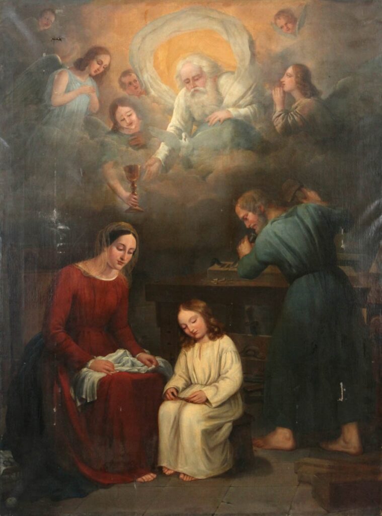 The Holy Family at work in Joseph carpentry workshop.