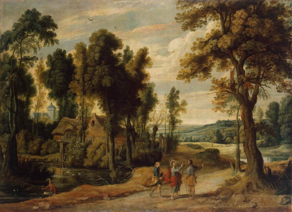 Christ walking with the disciples on the road to Emmaus.
