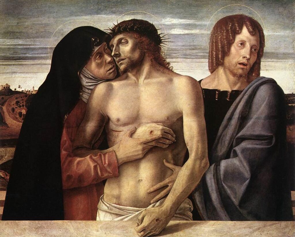 Bellini sorrowful Virgin Mary supporting the dead Christ.