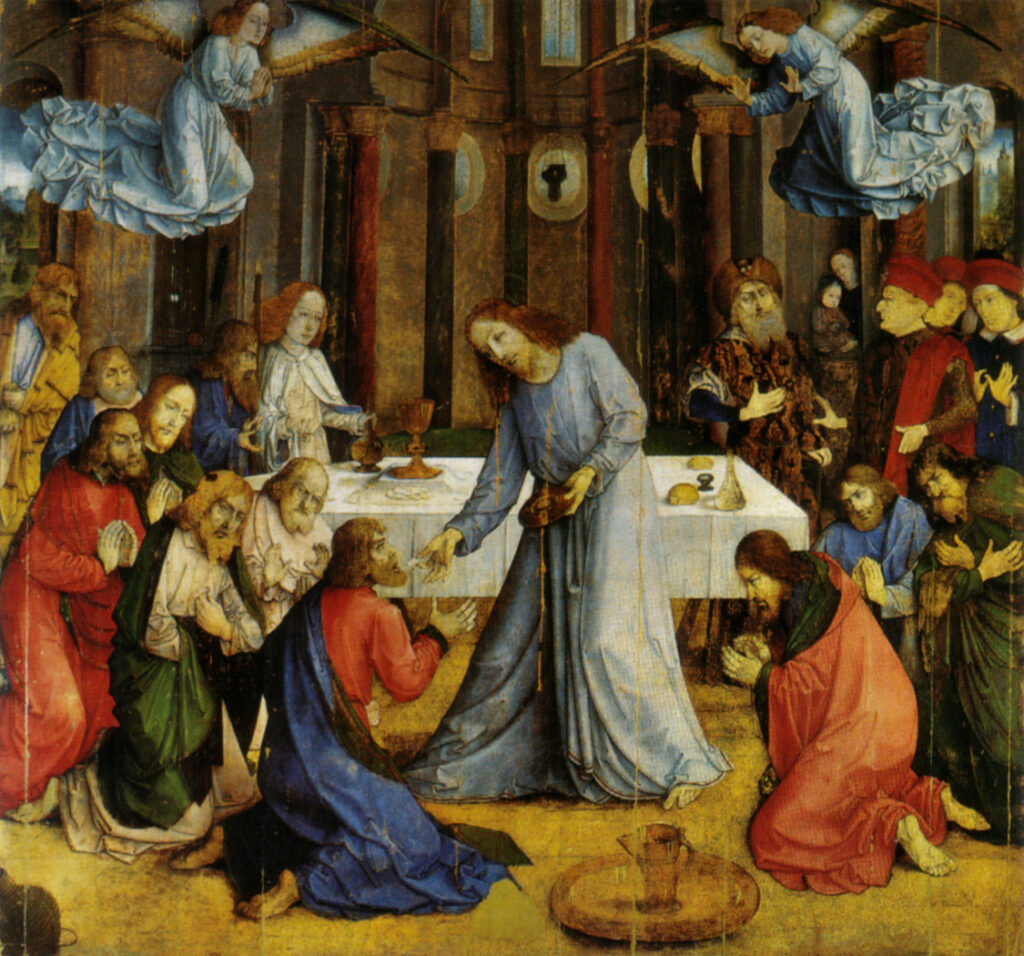 Christ giving Communion to the kneeling Apostles.