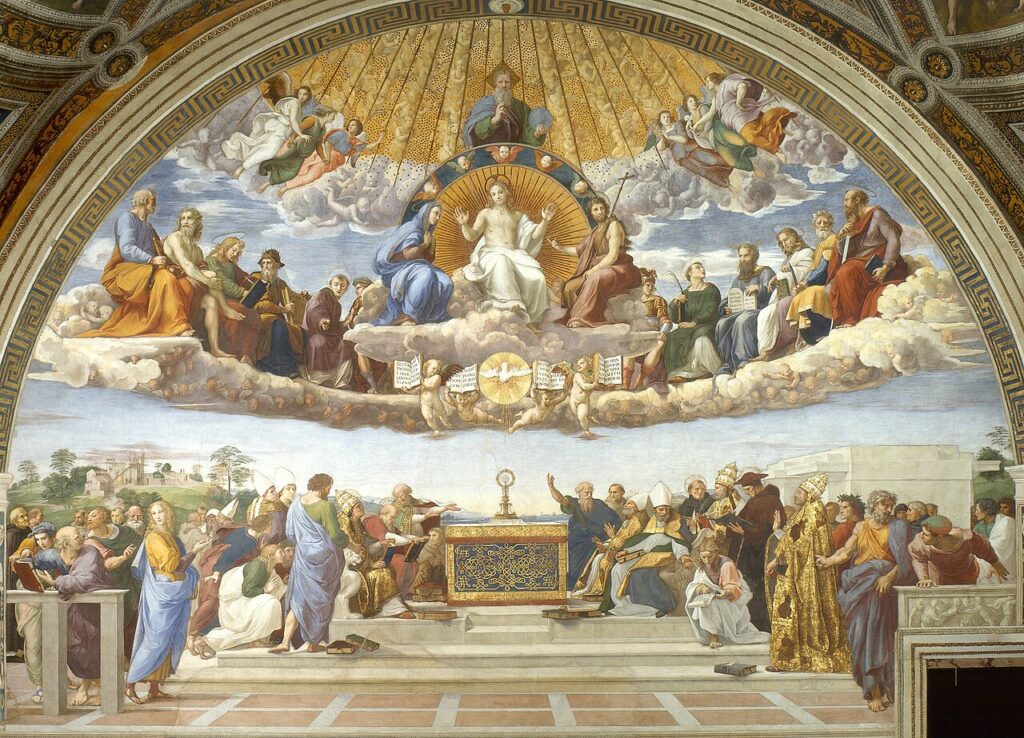 Raphael Disputa, saints adoring the Eucharist in a monstrance.