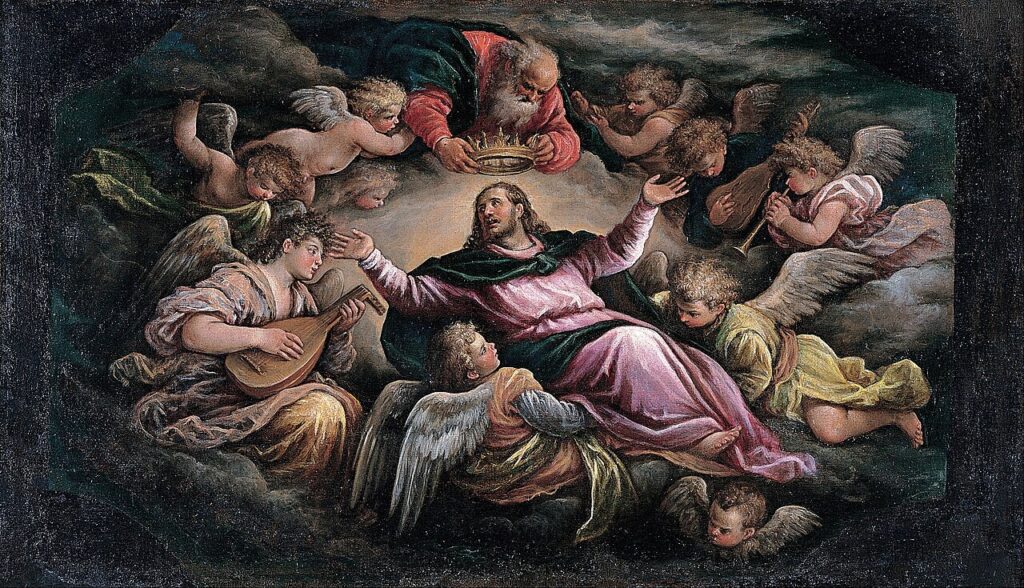 Christ in glory enthroned in heaven surrounded by angels.