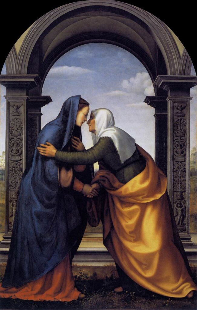 Renaissance painting of the Virgin Mary and Saint Elizabeth meeting and clasping hands, the Visitation.
