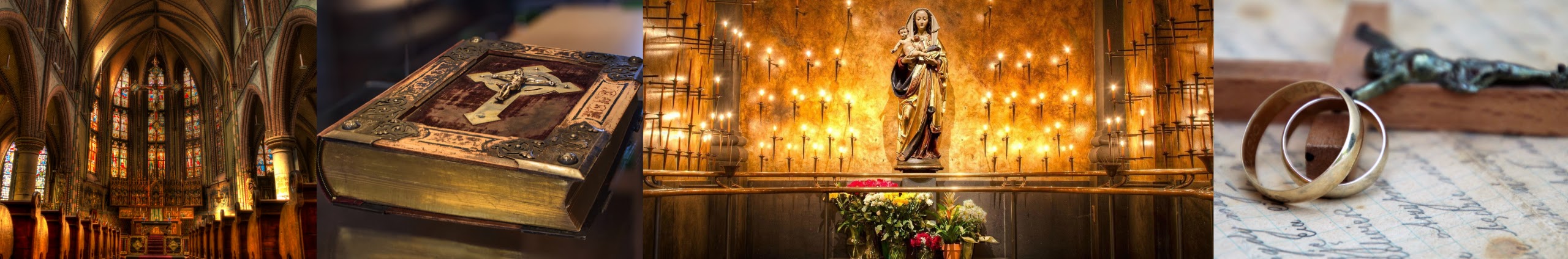 Universal Catholic Media banner: church interior, Bible with crucifix, statue of Mary with candles, wedding rings on a cross
